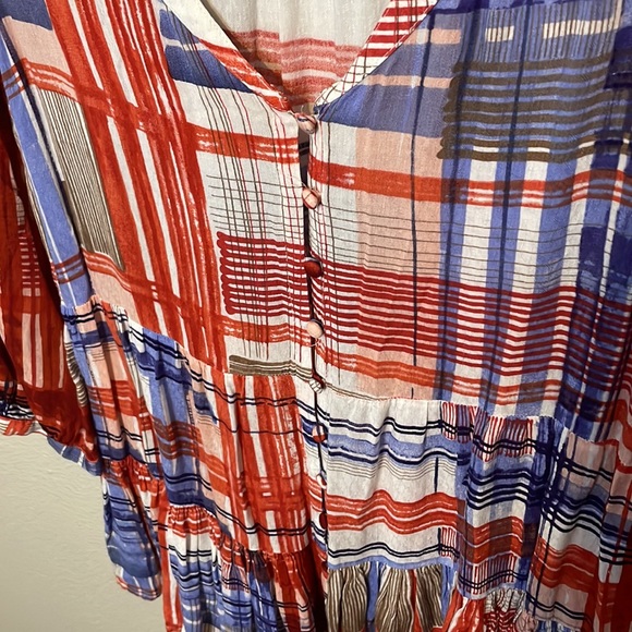Anthropologie Maeve Plaid Button Down Ruffle Top | Red, White & Blue | Size M - Picture 5 of 8